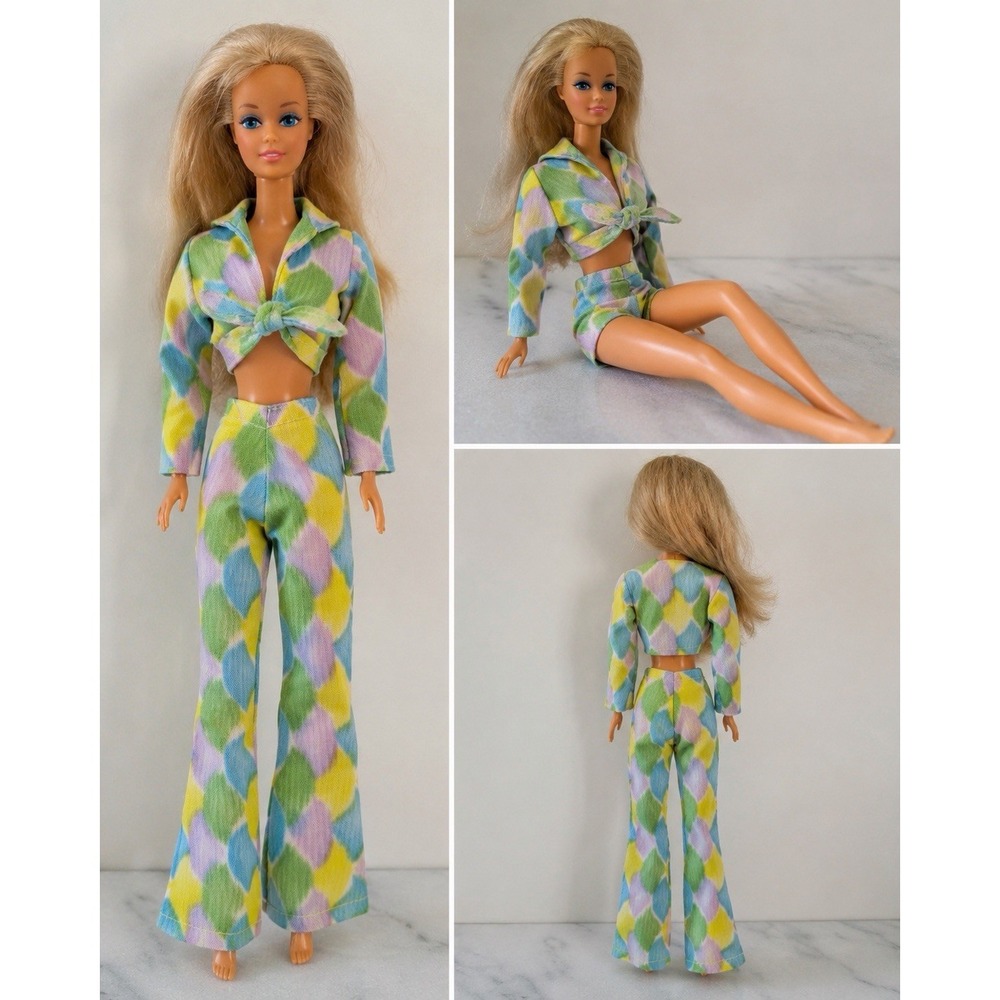 Vintage 1970s Mod Fashion Doll Outfit 3 Pc Bell Bottom Pants Shorts Jacket Mego